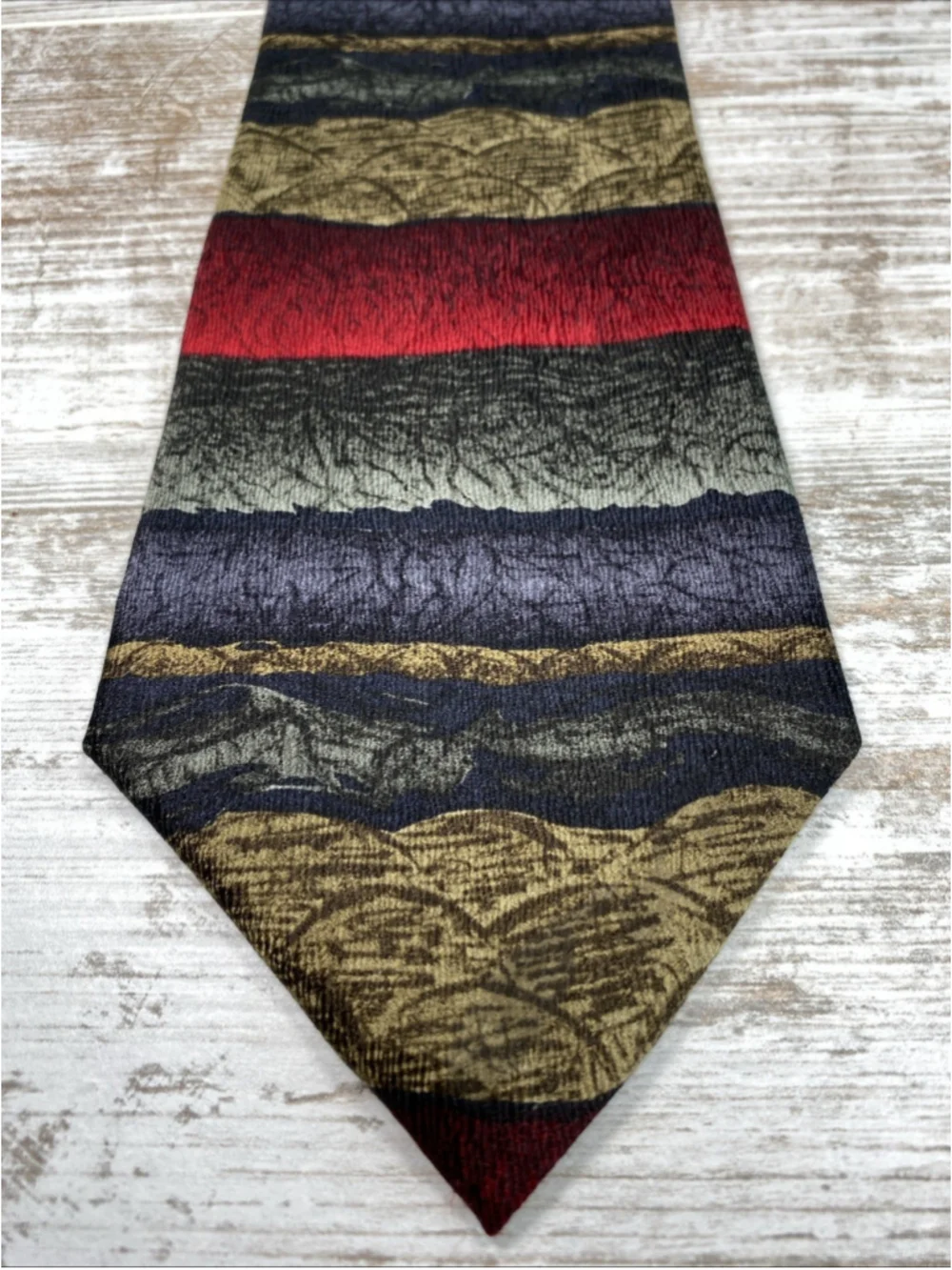 Vintage Jimmy Z 100% Silk Tie Abstract Striped Navy Burgundy Olive Gray 58”